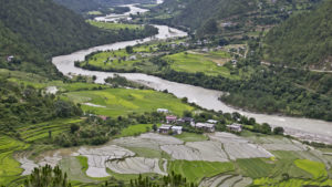 The village of Yoebisa in Punakha valley as seen from Khamsum Yuelley Namgyel Choeten.
